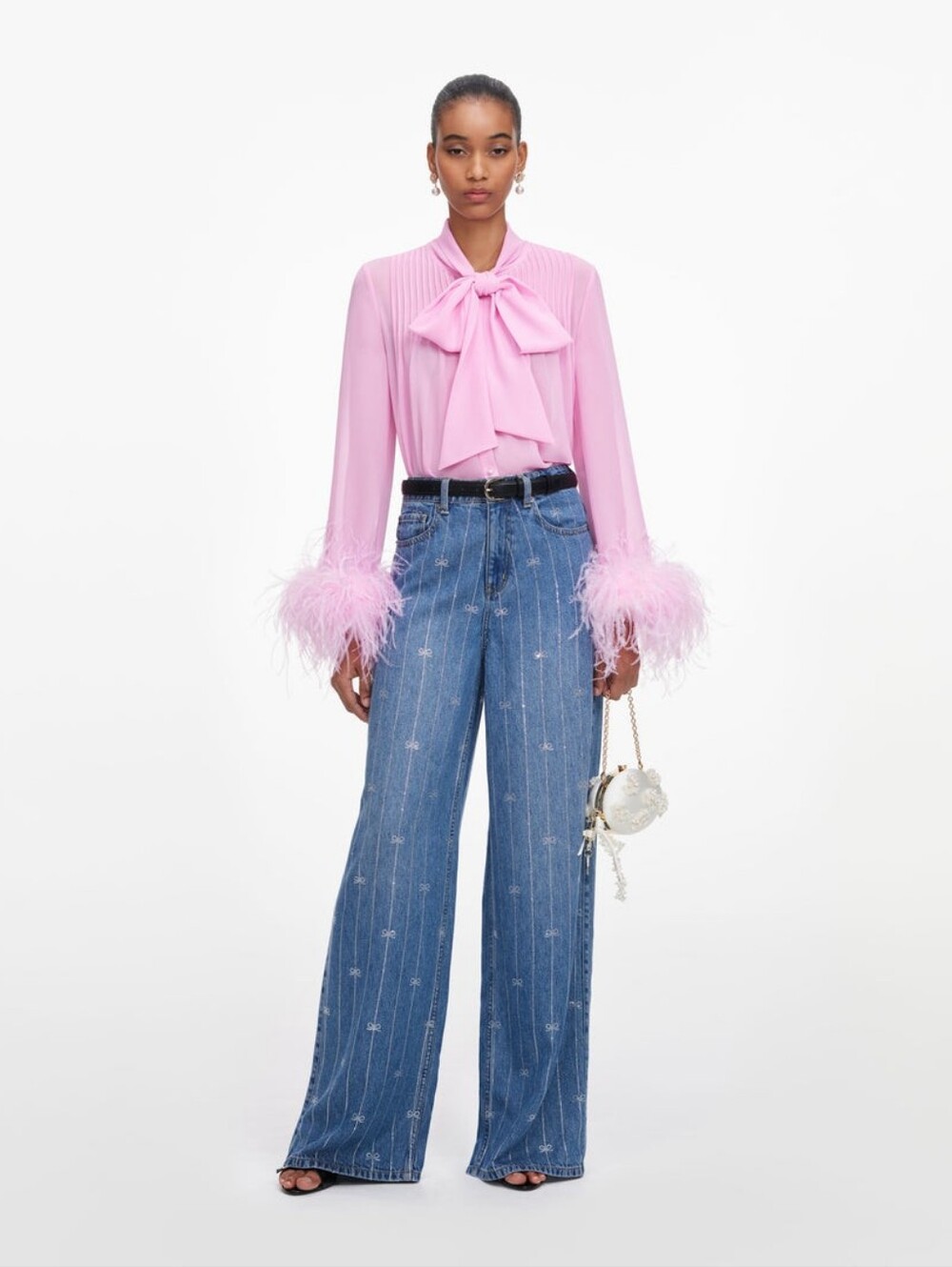 Self Portrait Pink Georgette Feather Cuff Blouse